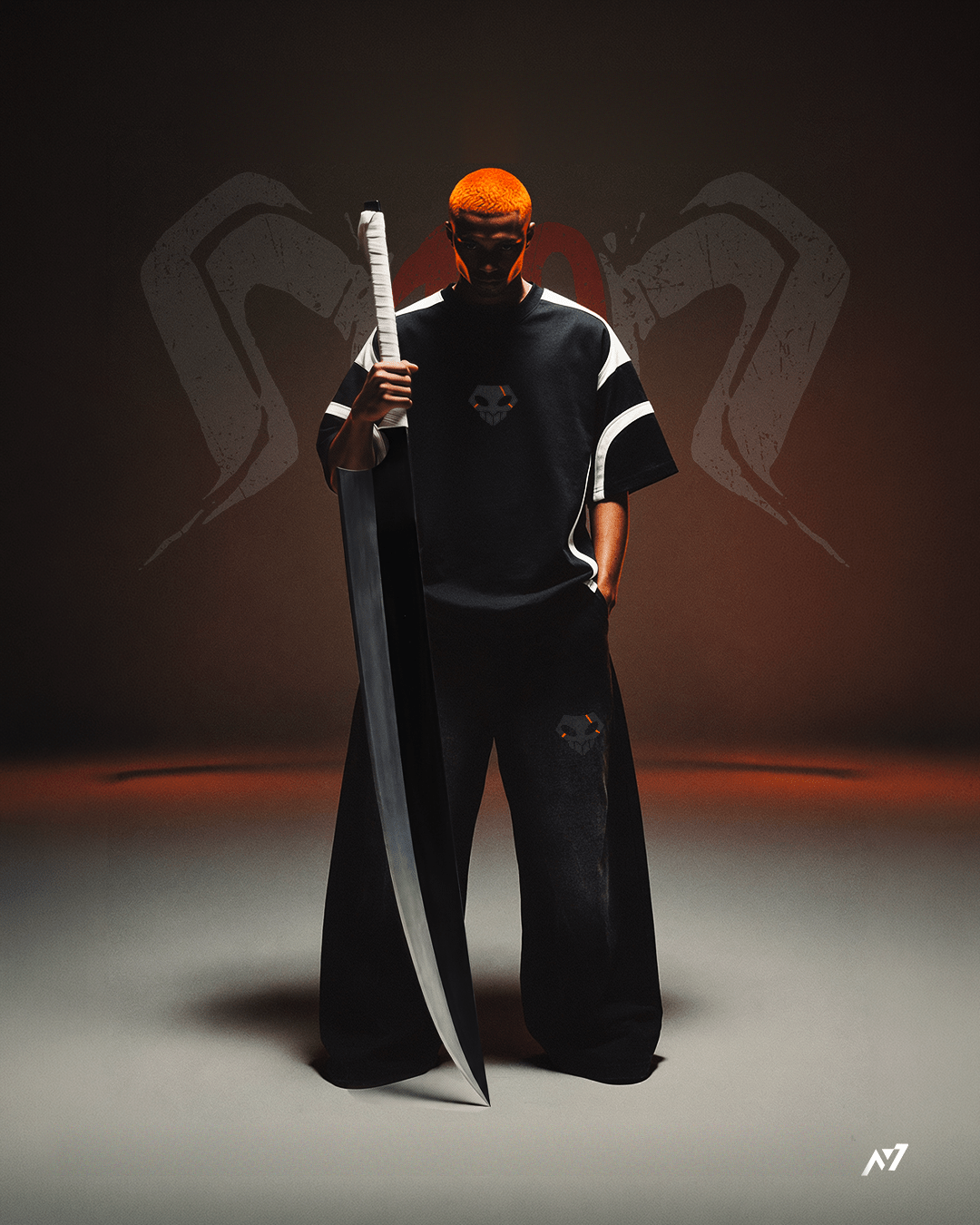 Model wearing the Soul Reaper streetwear shirt and jeans, holding a long katana